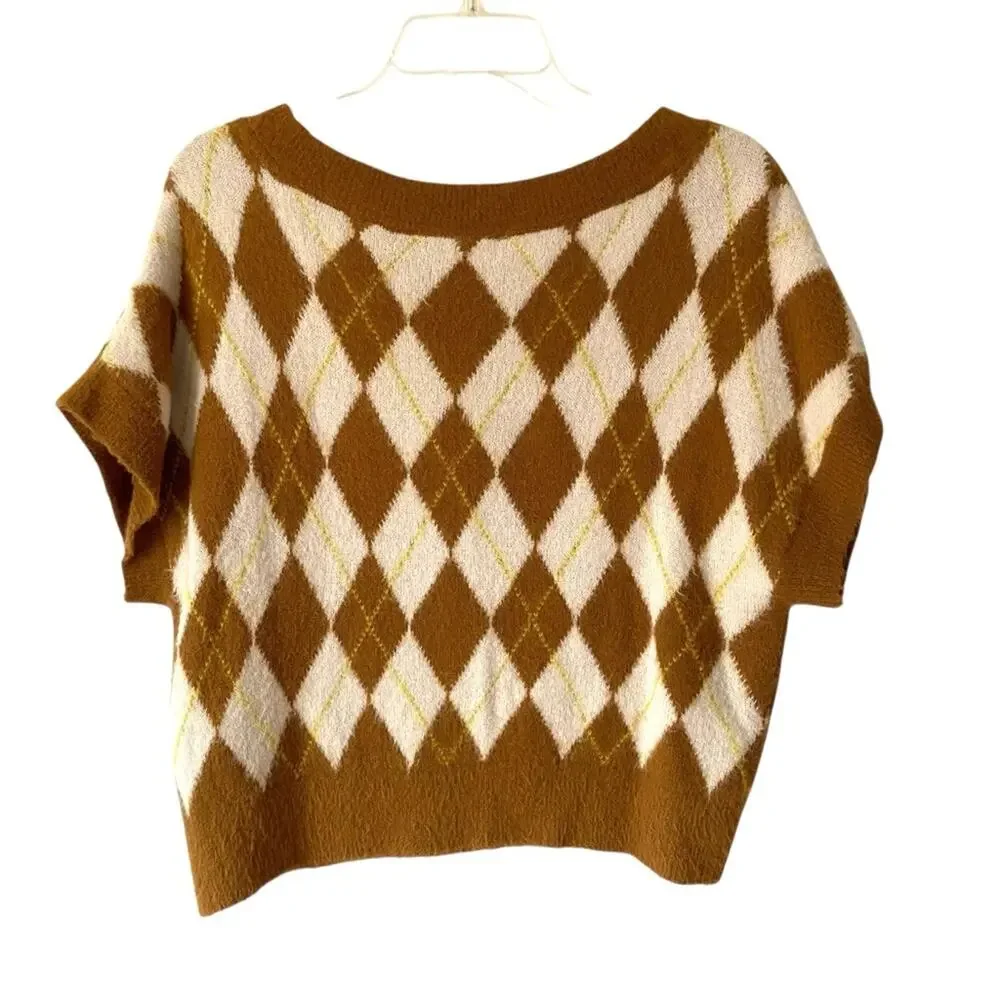Free People Through The Motion Argyle Sweater Vest size small Tiger Eye Combo